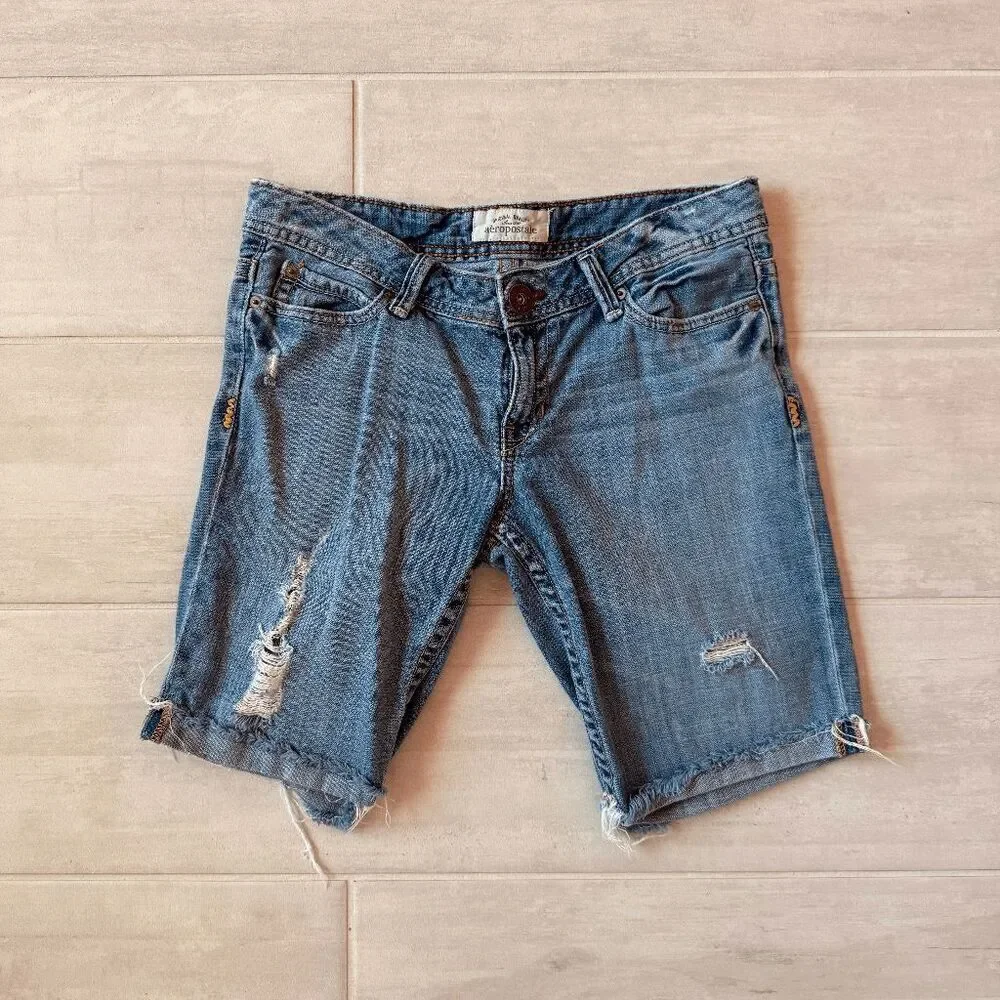 Aeropostale Original Size 5/6 Long Shorts Blue Denim Distressed Pockets Button